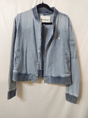 Juicy Couture Denim Bomber Jacket Women's Large Light Wash Snap Front Casual NWT